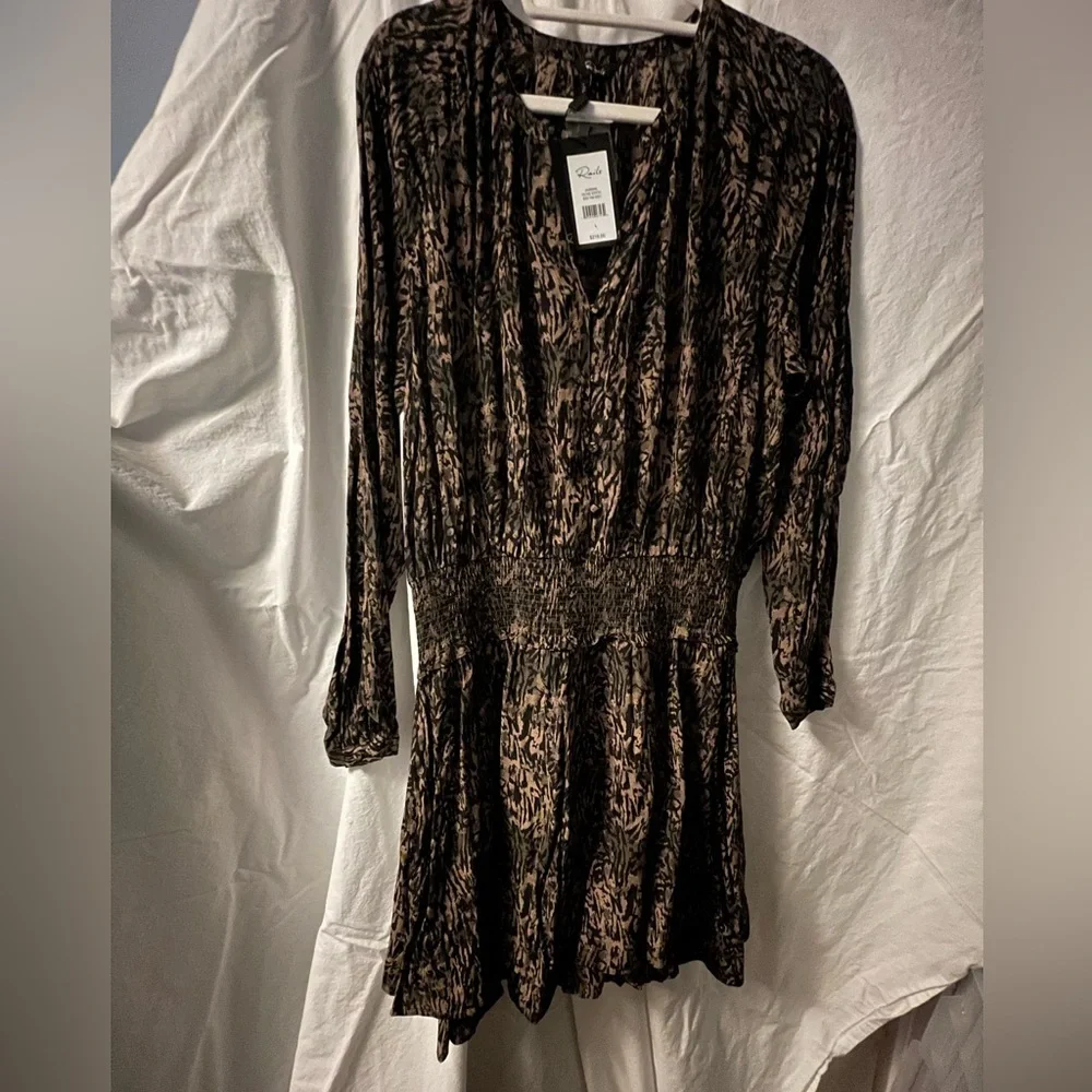 Rails Jasmine Olive Abstract print mini-dress smocked waist size Large NWT - Picture 5 of 13